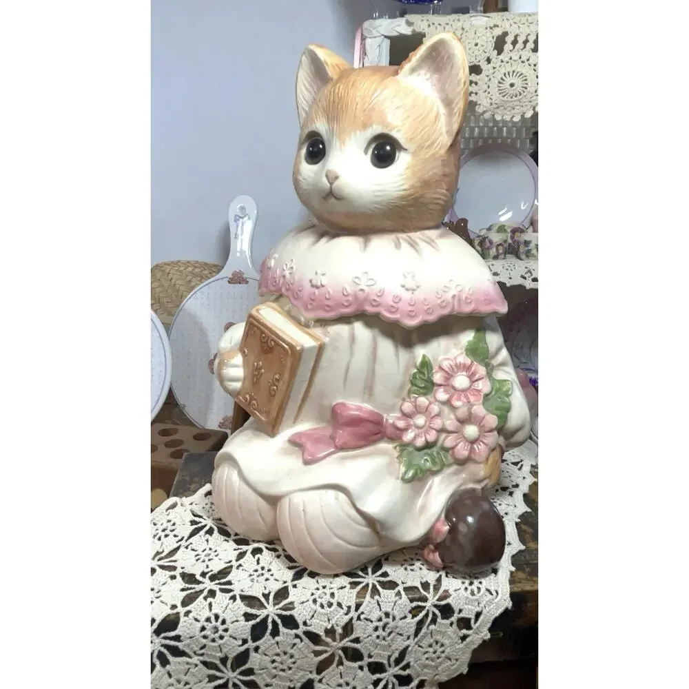 Vintage Japan Emily the Cat Cookie Jar Holding Book and Flowers Ceramic 1980s